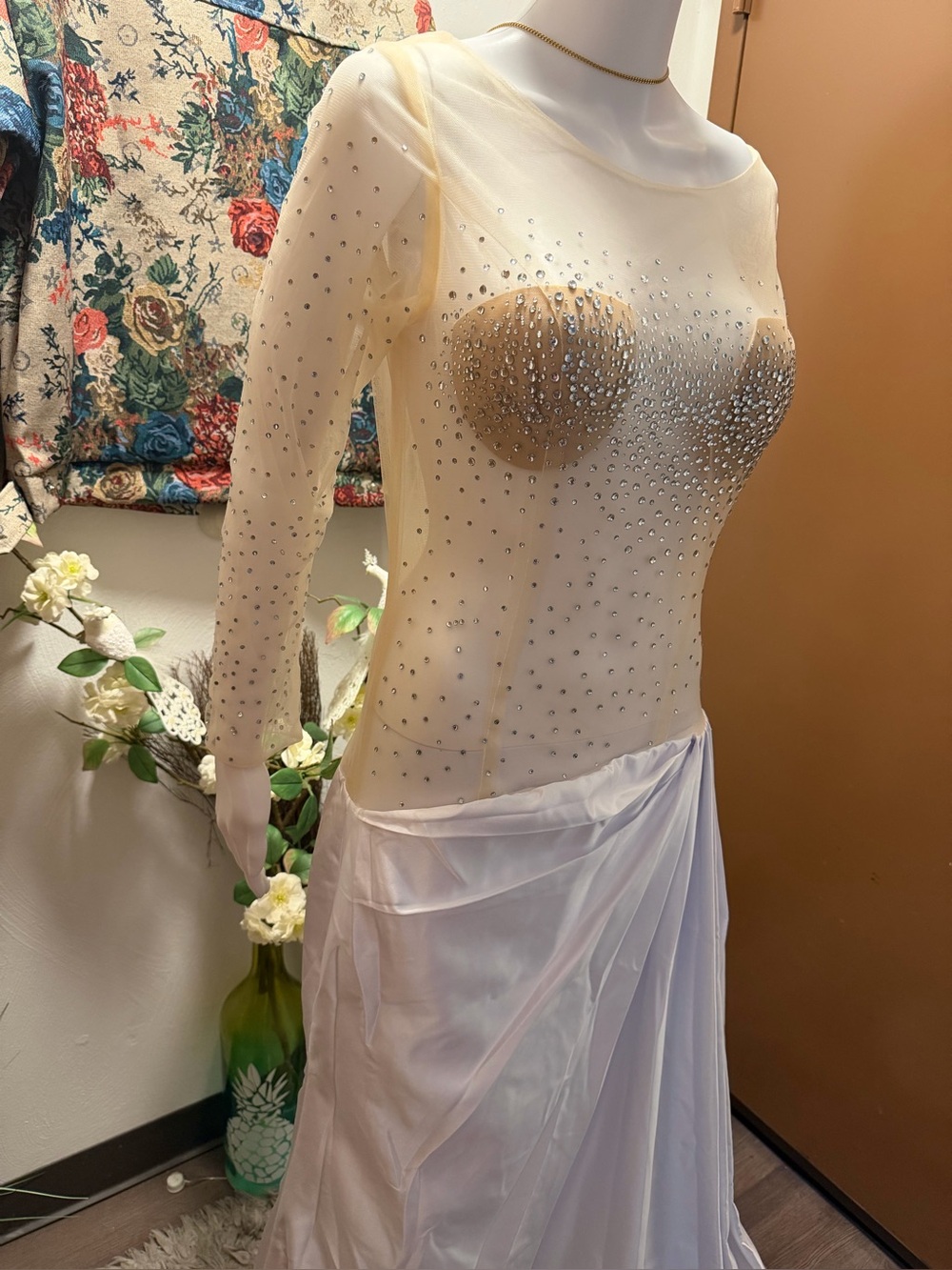 Custom made Sheer illusion Embellished white wedding/Evening gown